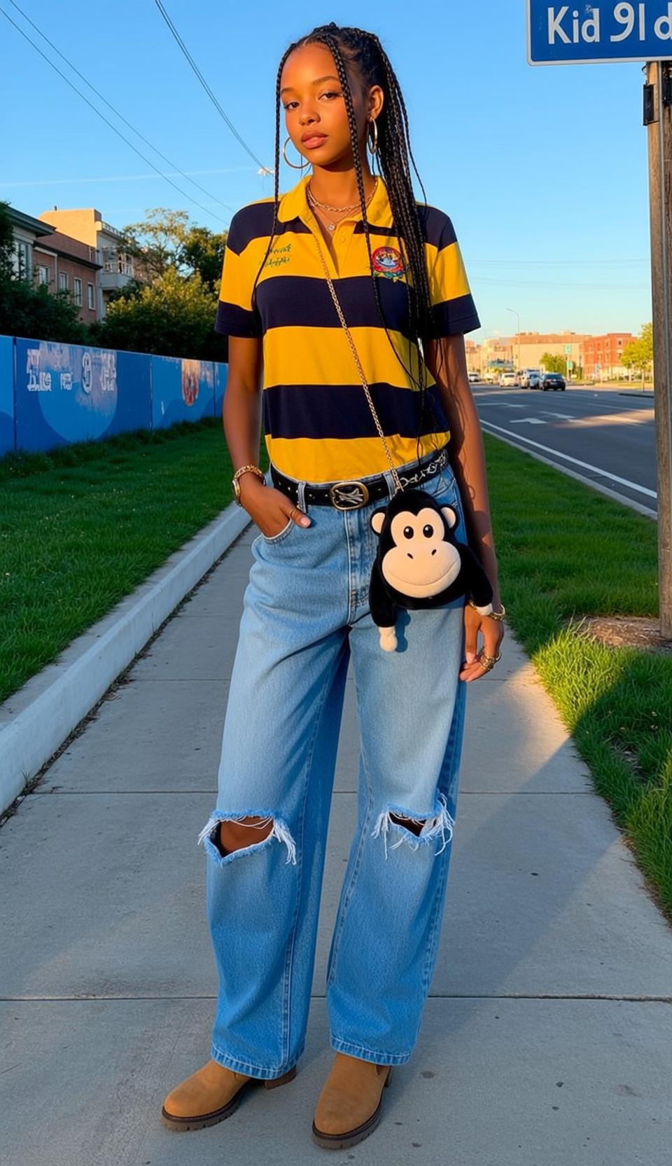 Black Shirt Braided Pigtails City Street Standing