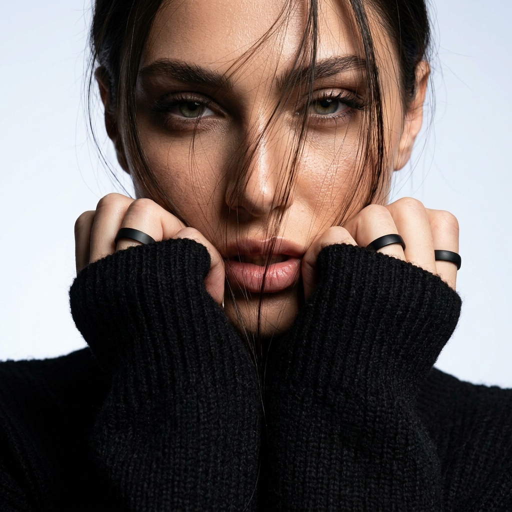 Ultra close-up portrait of a mysterious woman in a black sweater, hands framing her face with intense gaze.
