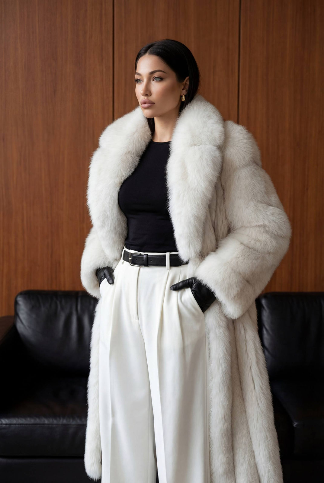 A woman in a voluminous white fur coat standing confidently indoors against a wooden wall with soft natural lighting.