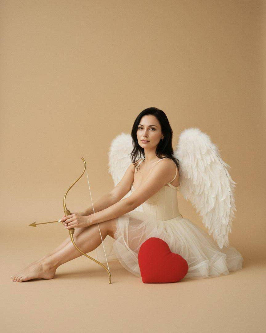 A stunning portrait of a model with white feathered wings, warm studio background, soft lighting, and a golden Cupid bow.