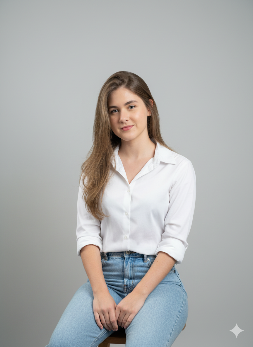 Retrato realista de uma pessoa sentada, sorrindo suavemente com uma camisa branca e calça jeans em um fundo cinza claro.
