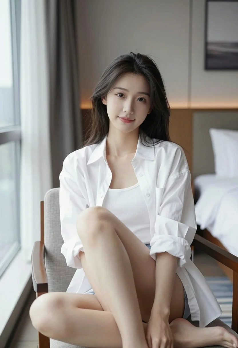 A young woman with long dark hair sitting casually on a chair in a bright, modern hotel room, illuminated by soft natural light from the window.