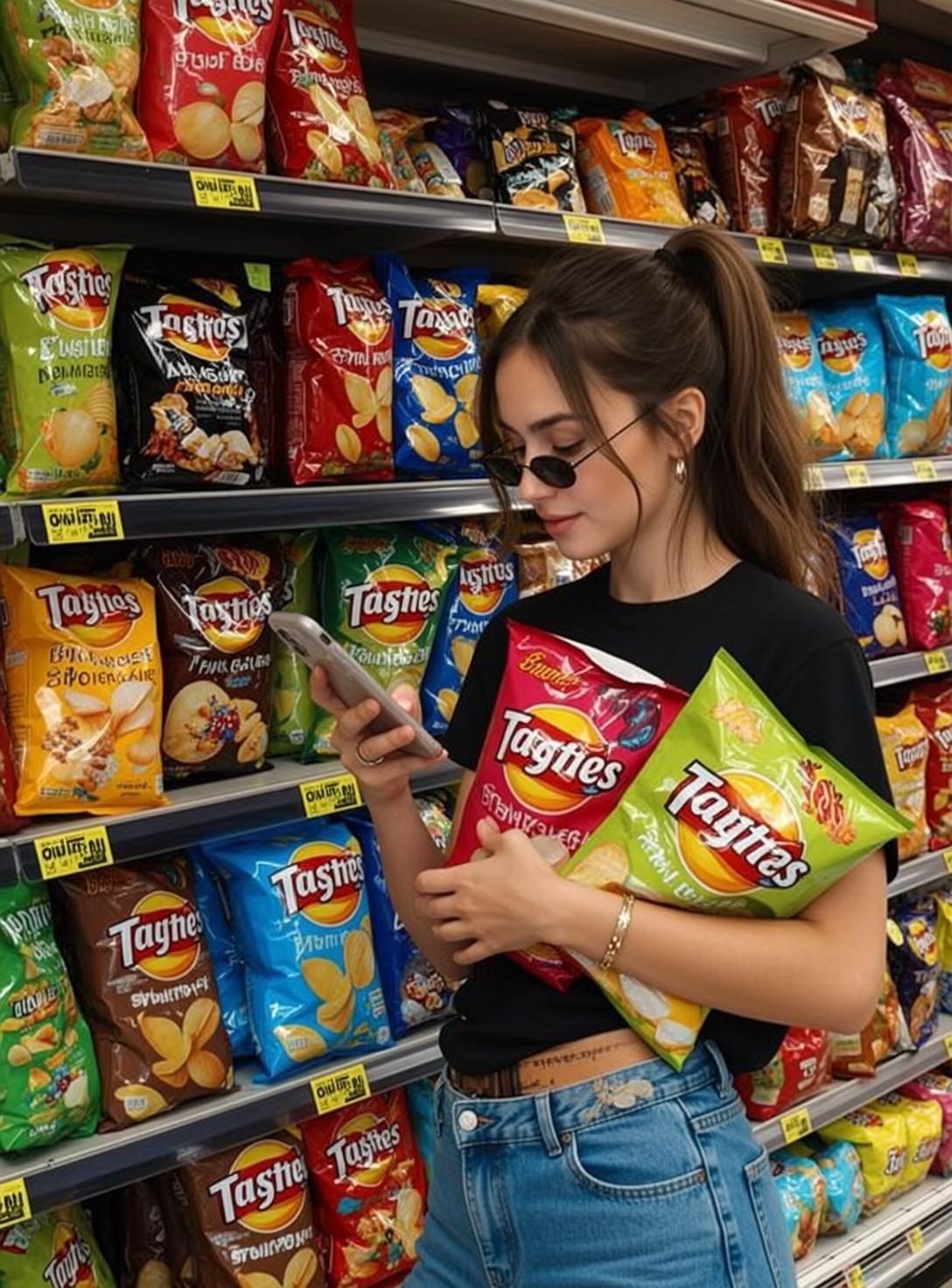 Woman Grocery Aisle Holding Chip Bags Smartphone