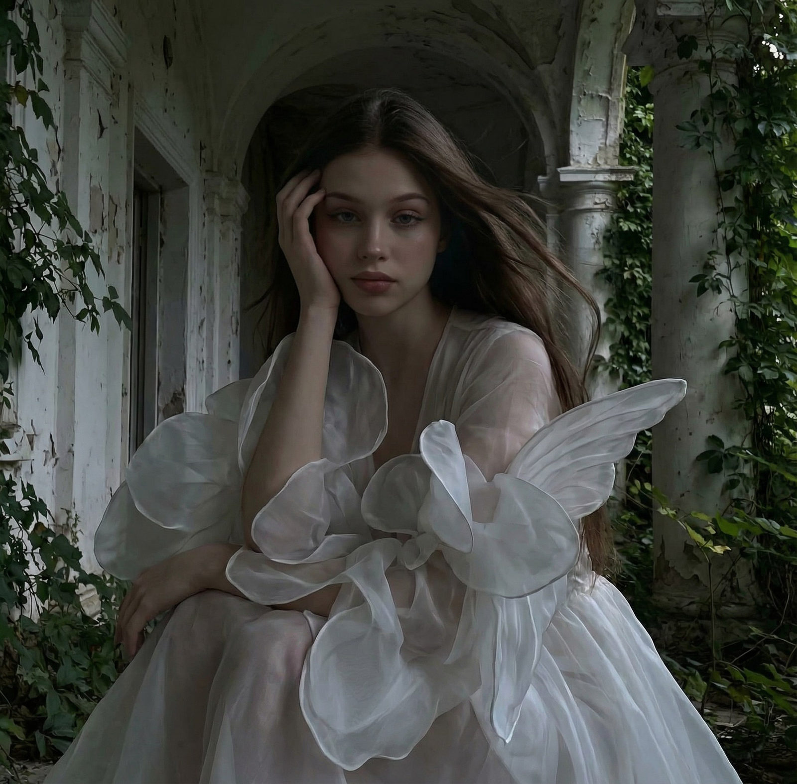 Dark, realistic portrait of a woman in a flowing white dress resembling flower petals against an abandoned building background.