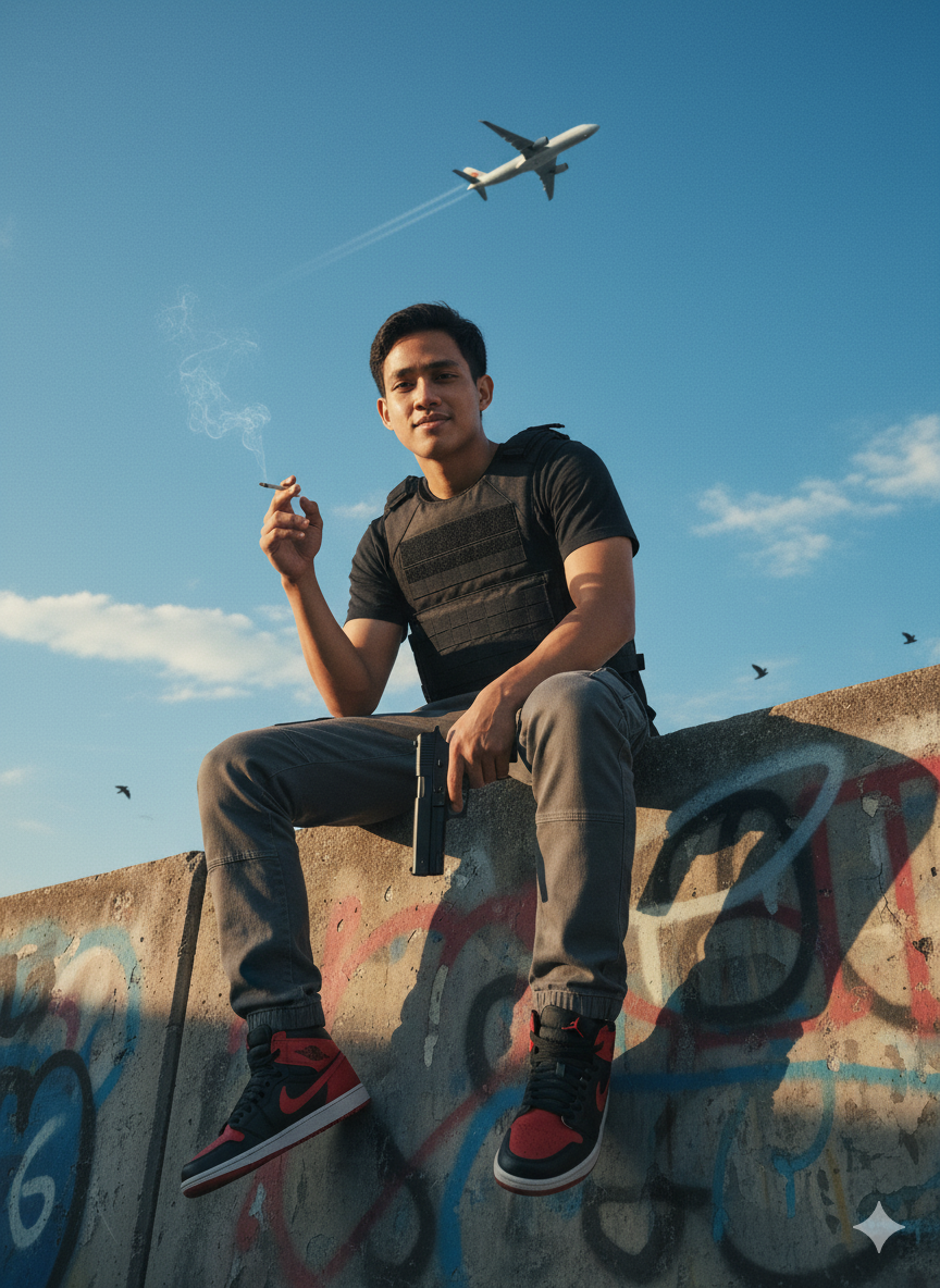 A young man in a black vest, sitting on a wall, holding a gun and smoking, with a blue sky backdrop and dramatic shadows.