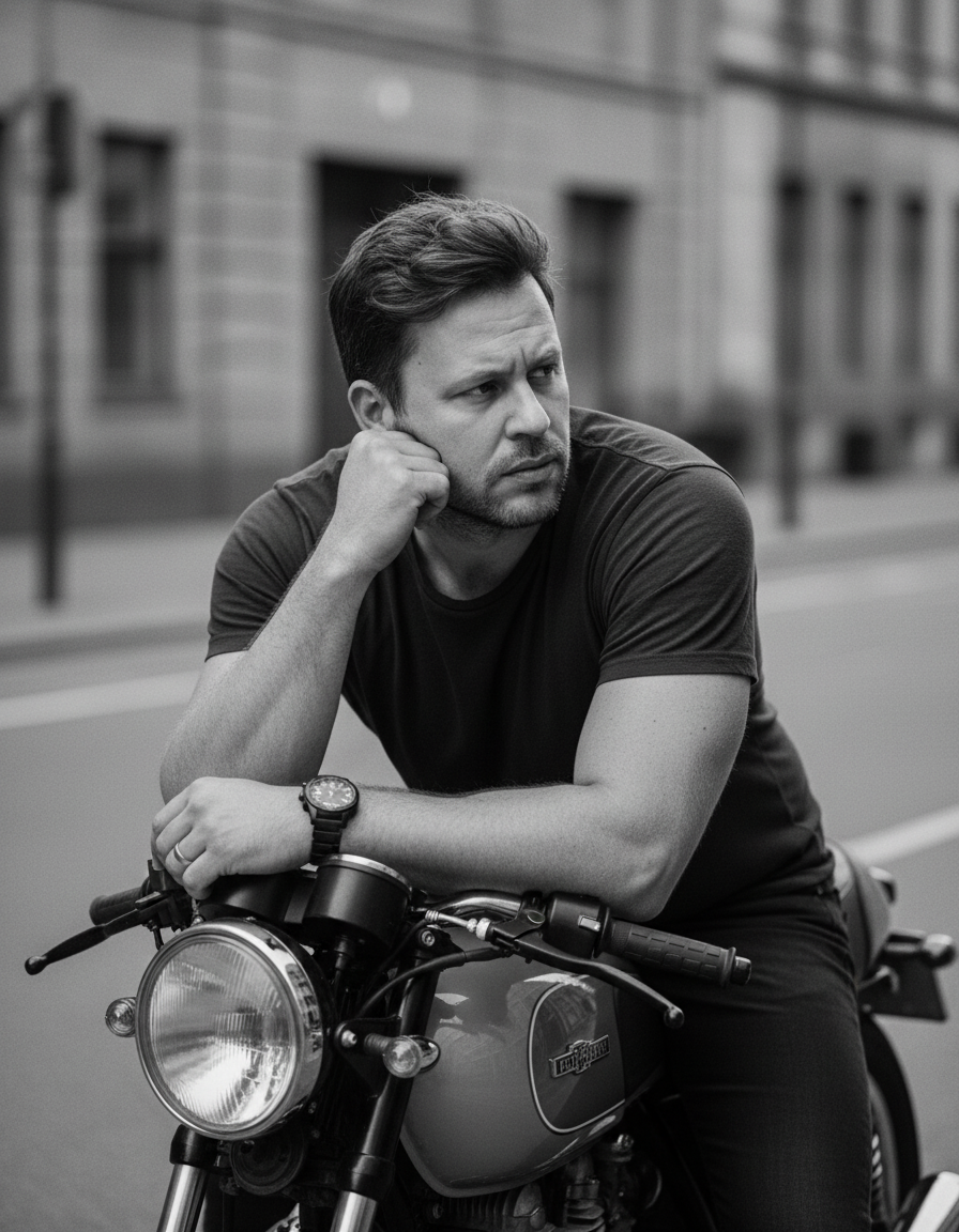 A detailed black-and-white portrait of a male figure on a classic motorcycle, in a thoughtful pose with a blurred urban background.