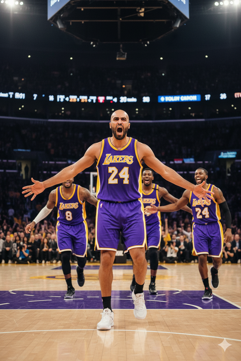Professional basketball player celebrating a 3-point shot with teammates in the LA Lakers' purple and gold uniform, dynamic crowd in the background.