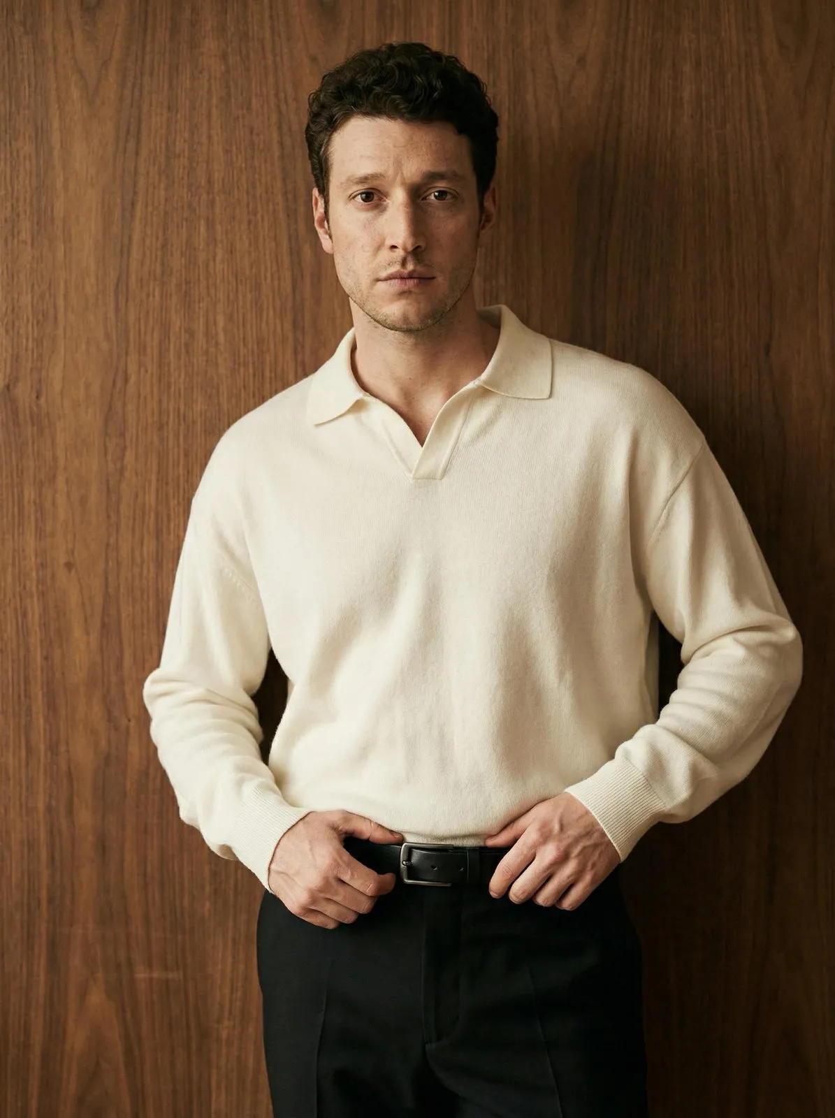 Man Ivory Sweater Walnut Wood Portrait