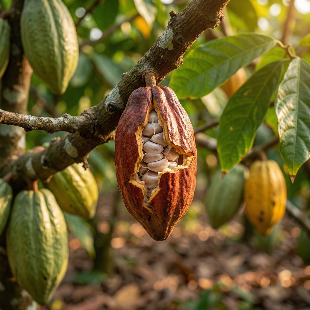 A cocoa plantation landscape under warm daylight showcasing a split cocoa pod on a branch with visible beans.