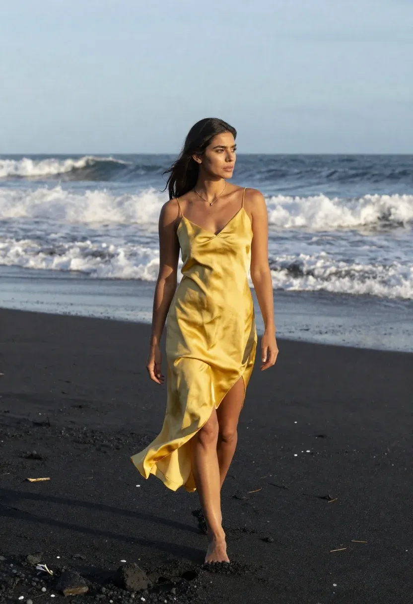 Woman Walks Across Black Sand Beach With The Ocean Waves