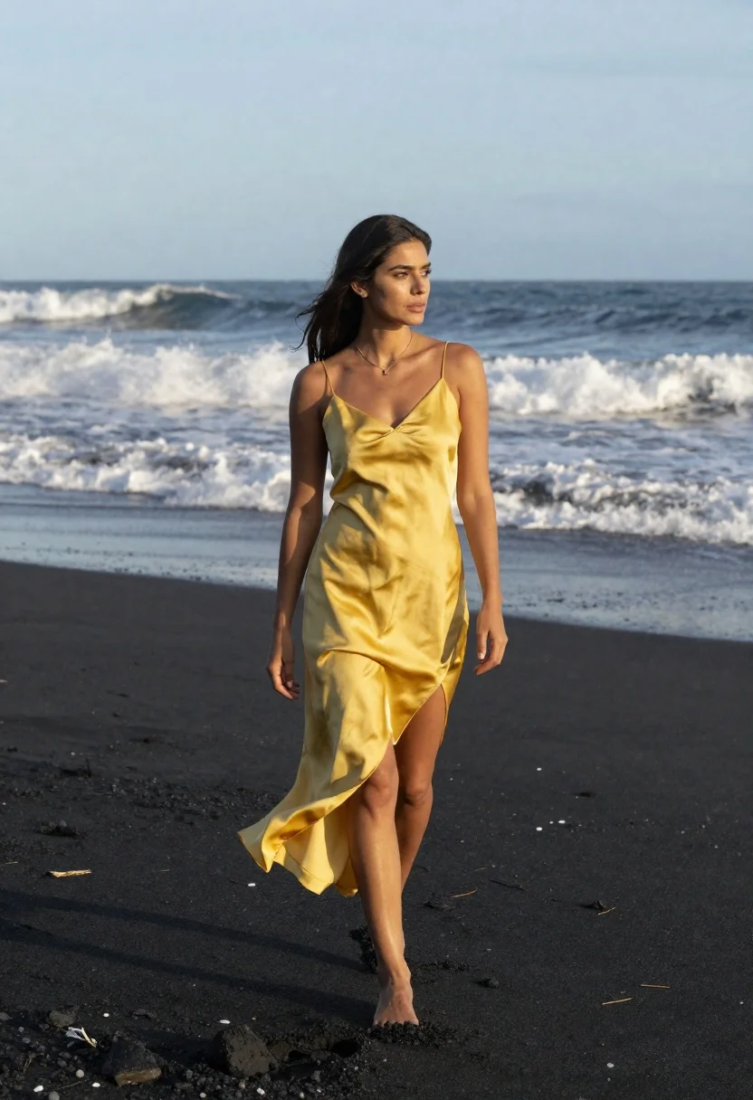 A woman walking across a black sand beach with ocean waves crashing in the background, illuminated by soft natural light.