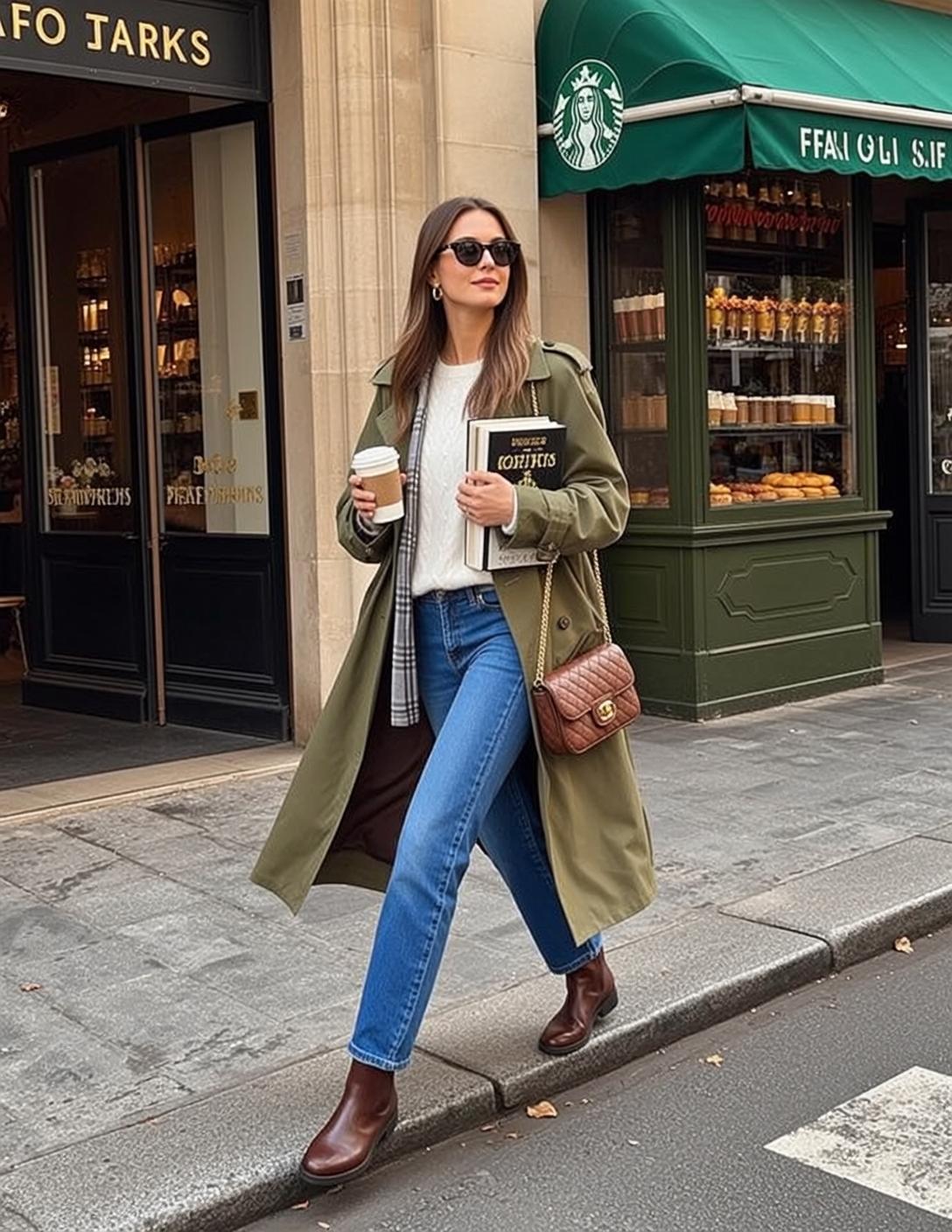 Autumn Walks Confidently City Sidewalk Her Body