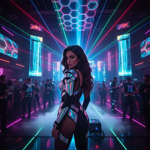 A stunning brunette woman with long wavy hair in a revealing black outfit standing at a vibrant futuristic nightclub, surrounded by lasers and neon lights.