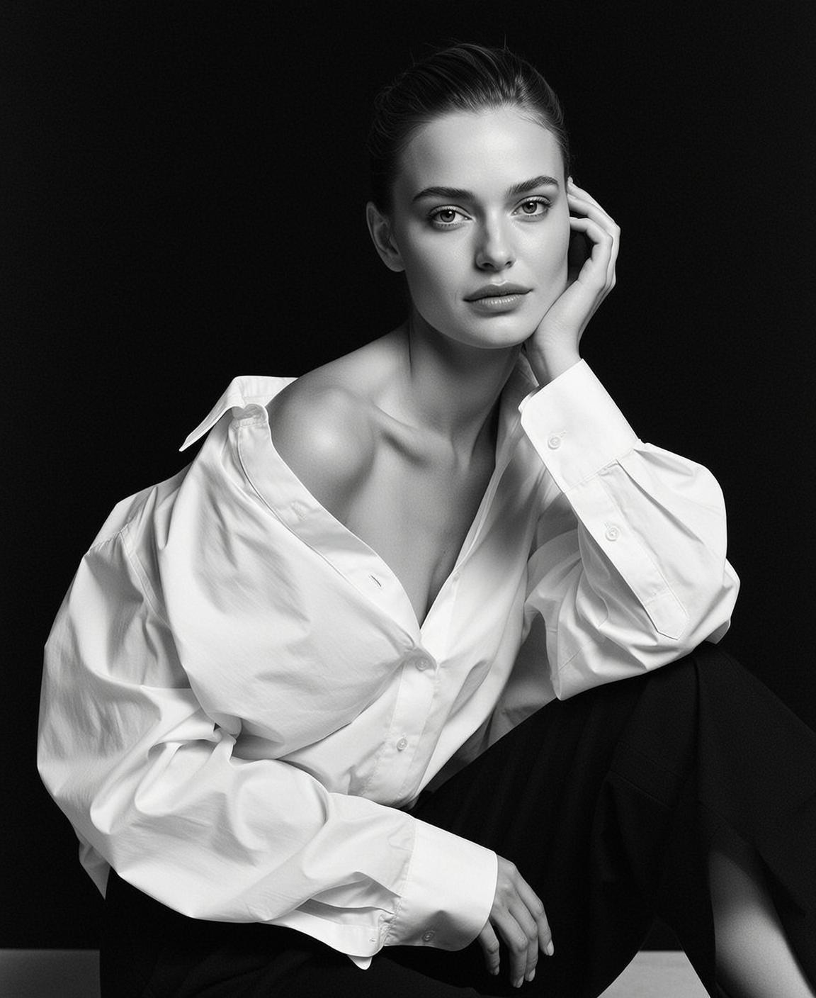 Photorealistic Medium Shot Black And White Portrait Young Woman With