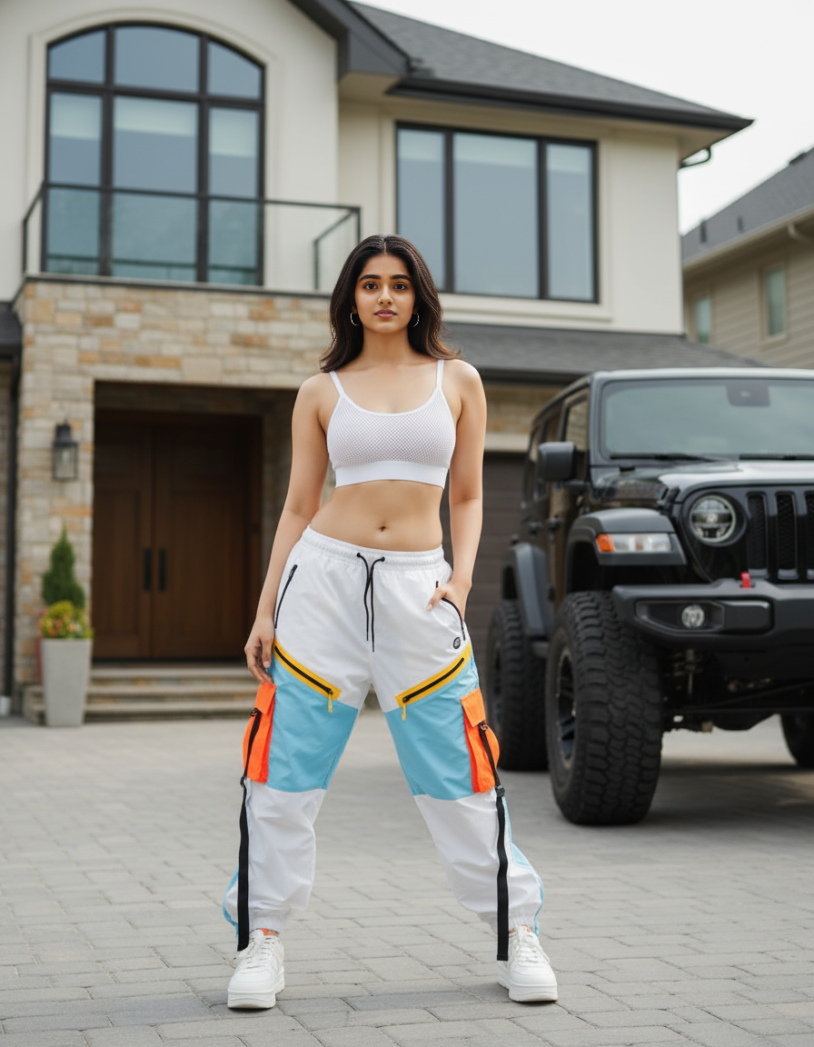 A confident female model stands in a modern driveway, wearing a white ribbed crop top and high-waisted cargo track pants, with natural soft waves in her dark brown hair.