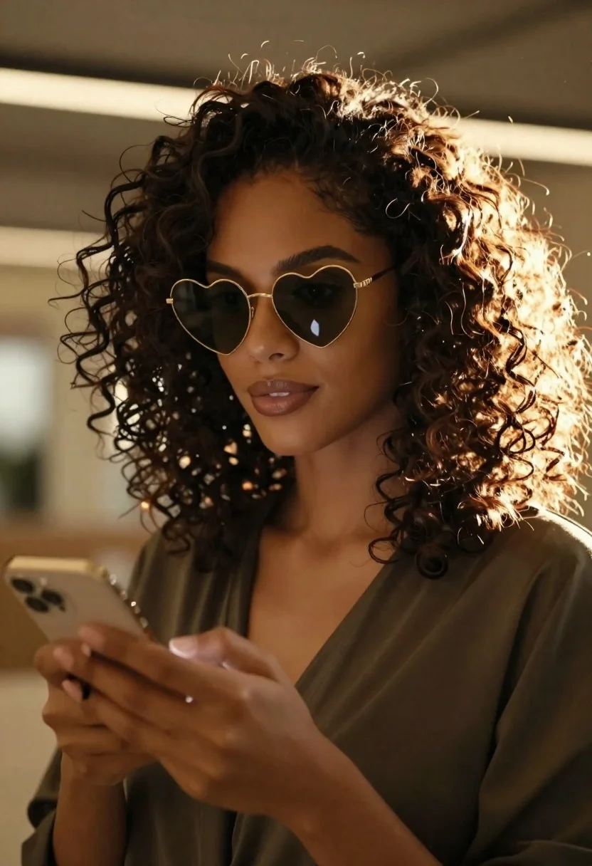 Close-up portrait of a woman with voluminous dark curly hair and heart-shaped gold sunglasses, holding a smartphone.