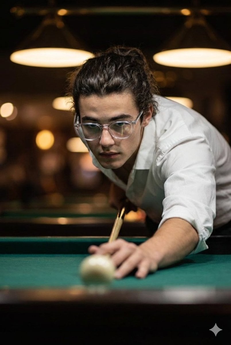 Close-up of a man taking a billiards shot, eyes focused on the cue ball, wearing a white shirt and clear glasses.