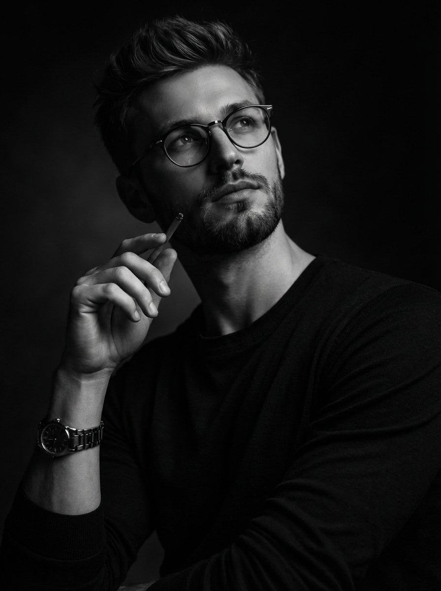 Thoughtful man in black sweater holding a pencil near his face, dramatic black and white studio portrait with soft Rembrandt lighting.