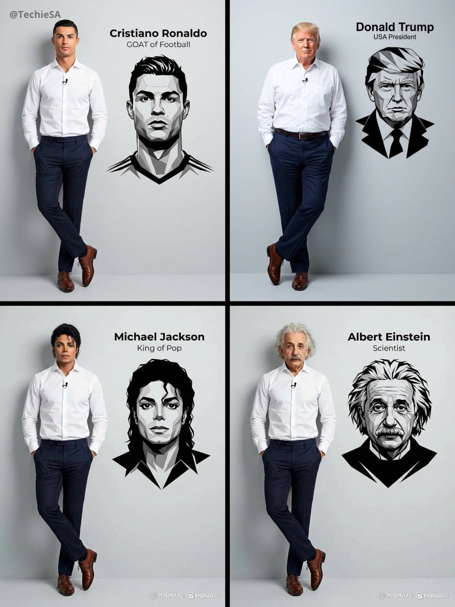 Ultra-realistic full body portrait of a person in white shirt leaning against a light gray studio wall with a graphic.