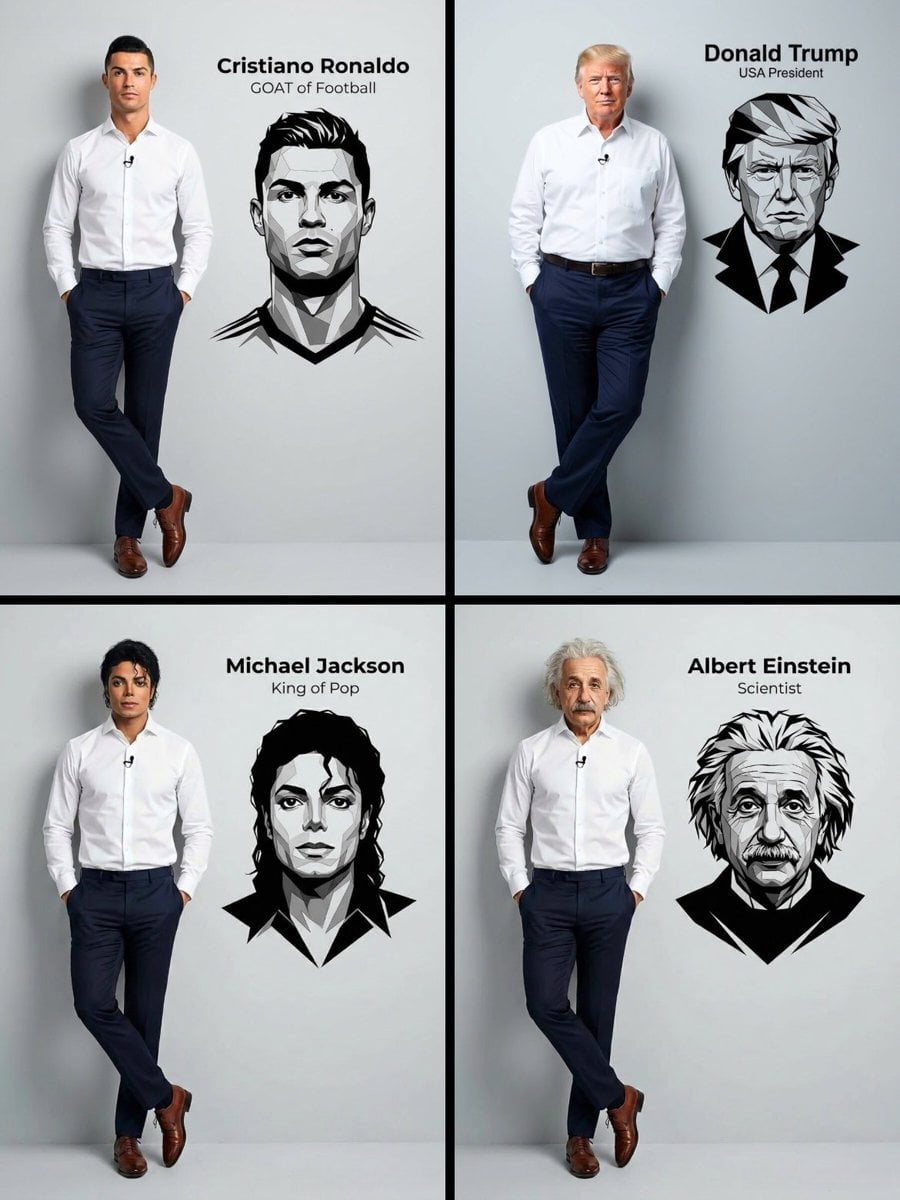 Ultra-realistic full body portrait of a person in white shirt leaning against a light gray studio wall with a graphic.