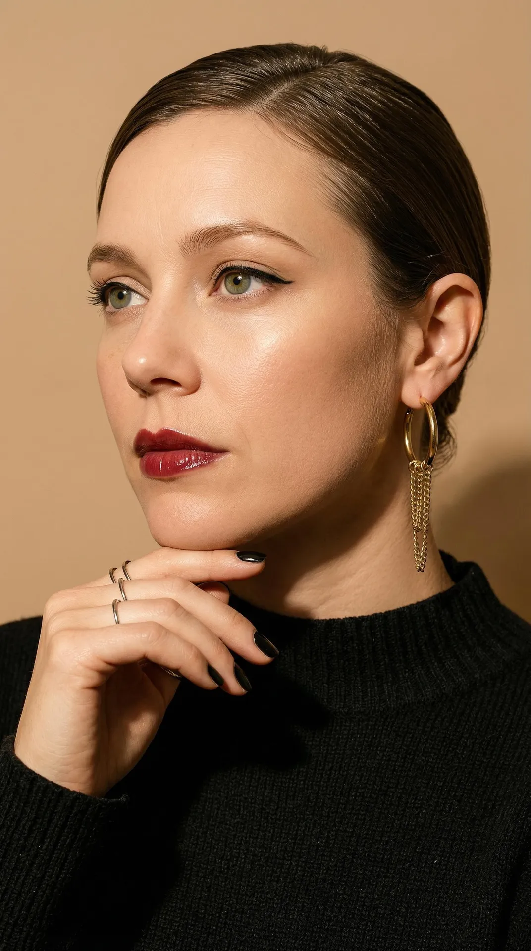 Makeup Earrings Rings And Nails In Knitwear Portrait