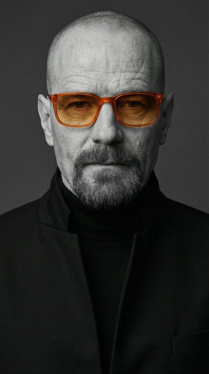 A close-up portrait featuring strong facial features with a calm expression, wearing a black turtleneck and orange sunglasses against a monochrome background.