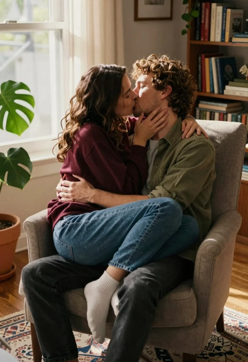 A couple kissing intimately while sitting on an armchair in a sunlit living room, warm sunlight highlights their faces.