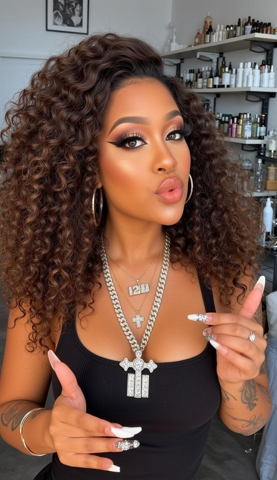 Hair Salon Long Dark Curly Tan Black