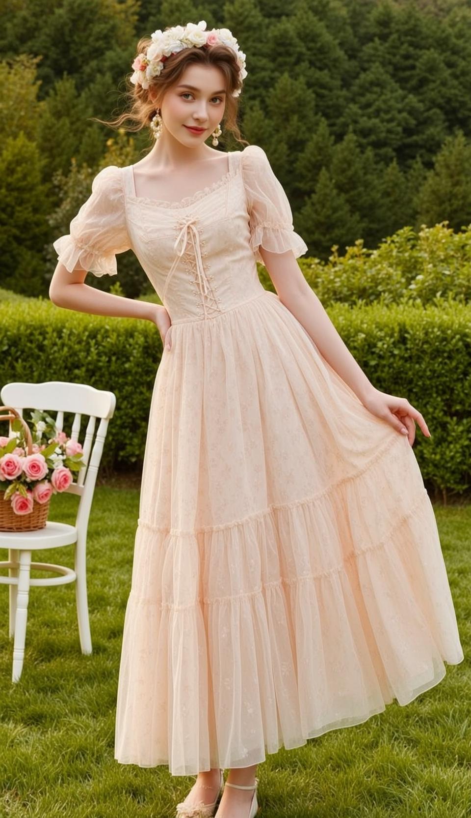 Cottagecore Stands Lush Garden Her Body Angled
