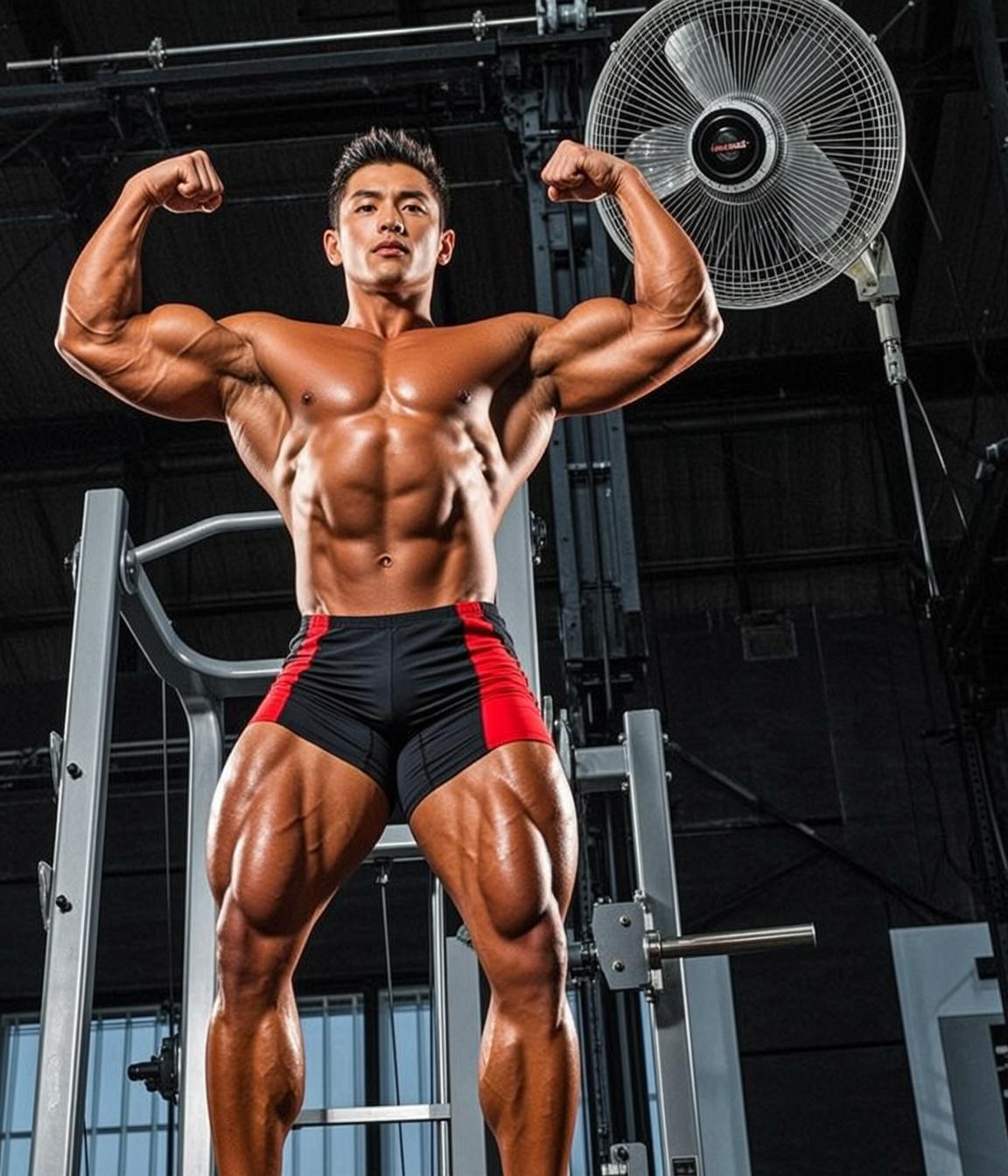 Muscular Asian Short Dark Styled Tanned Oily