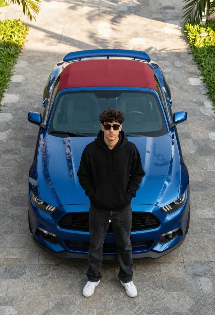 Young Man Stands Confidently Front Vibrant Blue Convertible Sports Car