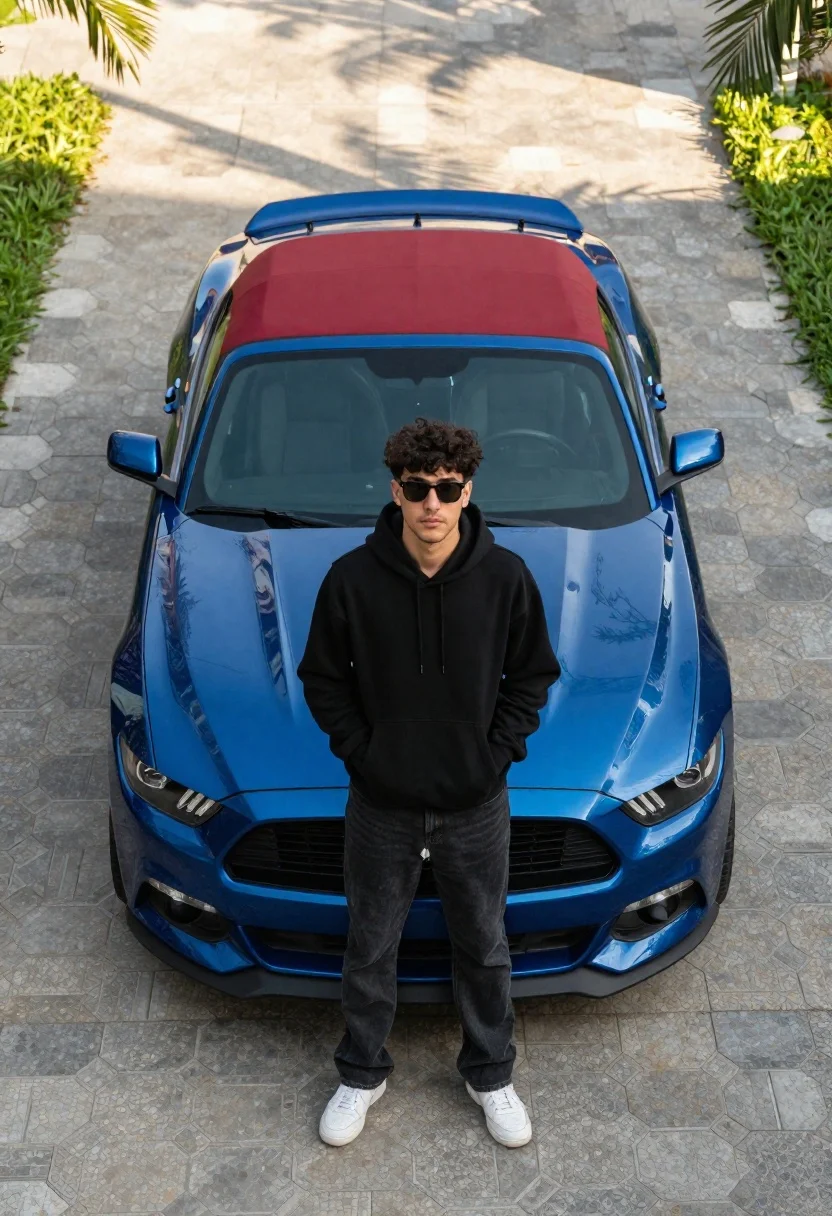 A young man standing confidently before a bright blue convertible sports car with a red soft top.