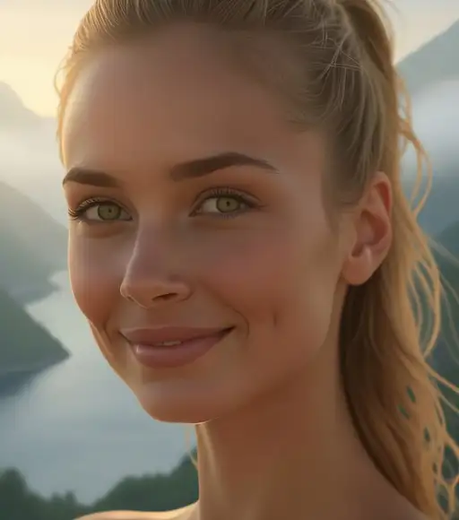 High resolution vertical portrait featuring a model with windswept honey blonde hair, vivid emerald green eyes, and a soft pastel background.