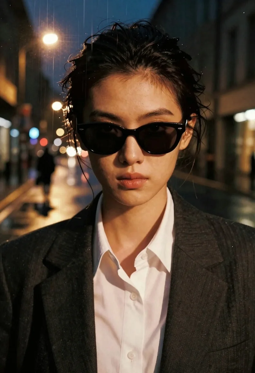 A cinematic portrait of a woman with dark hair tied back, wearing sunglasses and a dark jacket, serious expression, blurred background.
