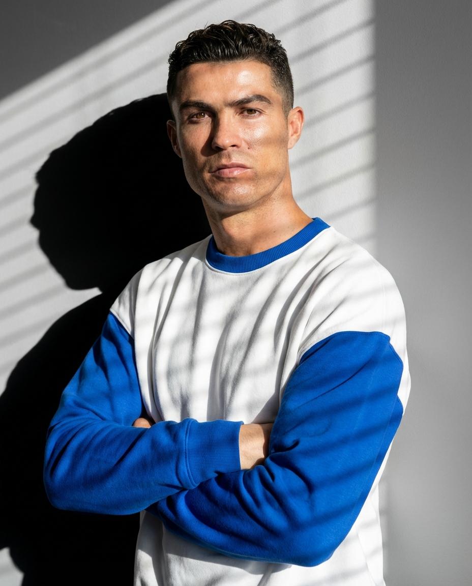 A model in a white sweatshirt with blue sleeves, arms crossed, stands in front of window blinds. Striped shadows cast across their face and clothing.
