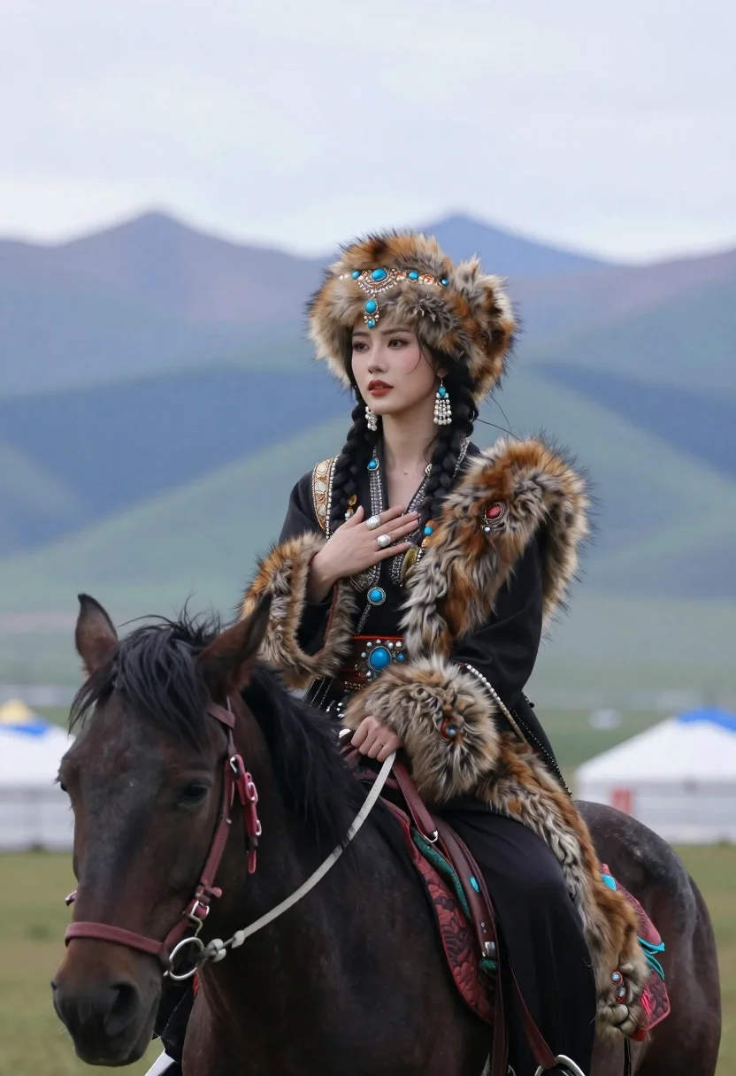 A woman in traditional Central Asian attire riding a black horse in front of majestic mountains, showcasing intricate jewelry and soft daylight.