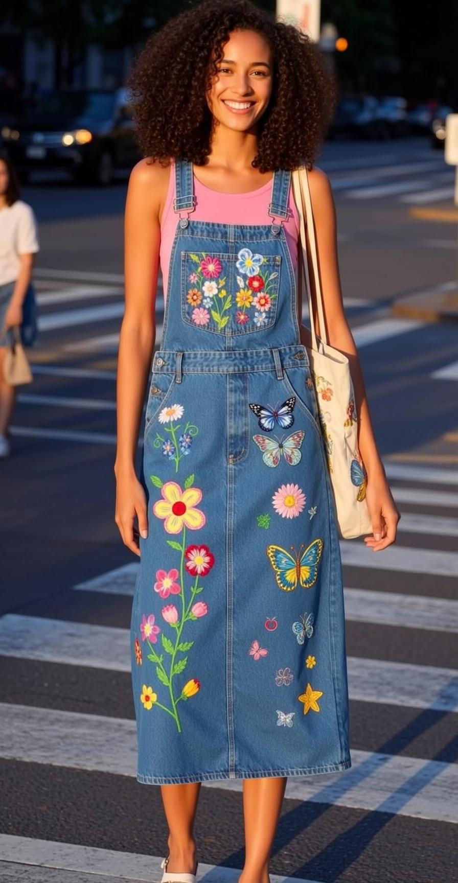 Golden Hour Street Style Young Woman Denim Overall Dress