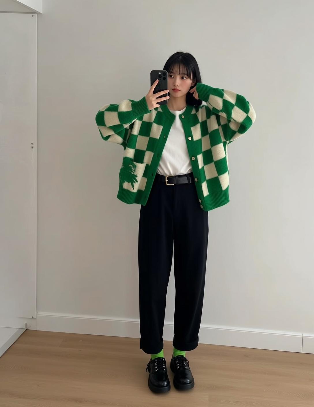 Checkered Cardigan Mirror Selfie