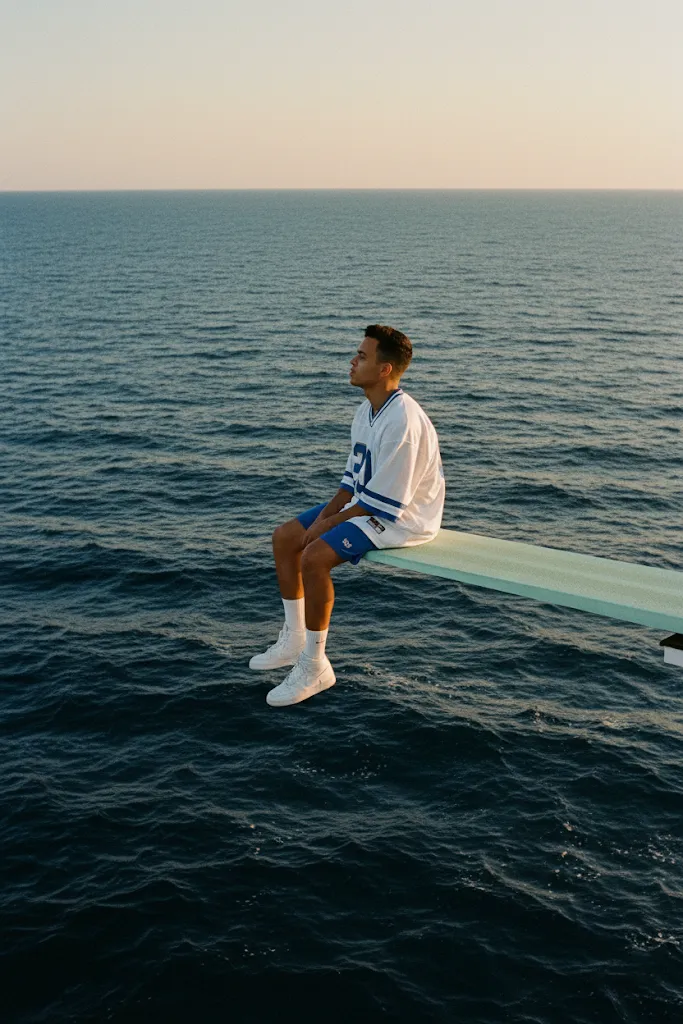 Man On Diving Board Over Ocean