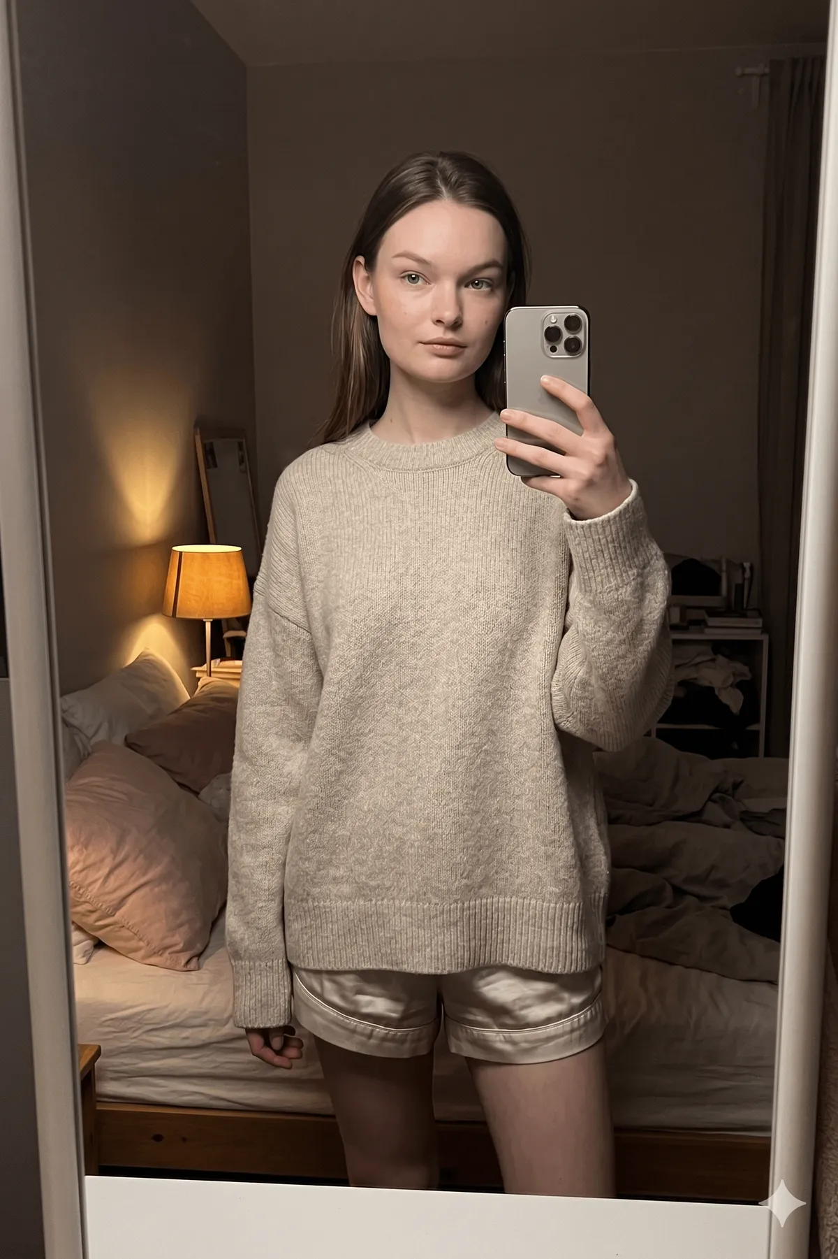 Cozy Bedroom Mirror Selfie Warm Amber Glow