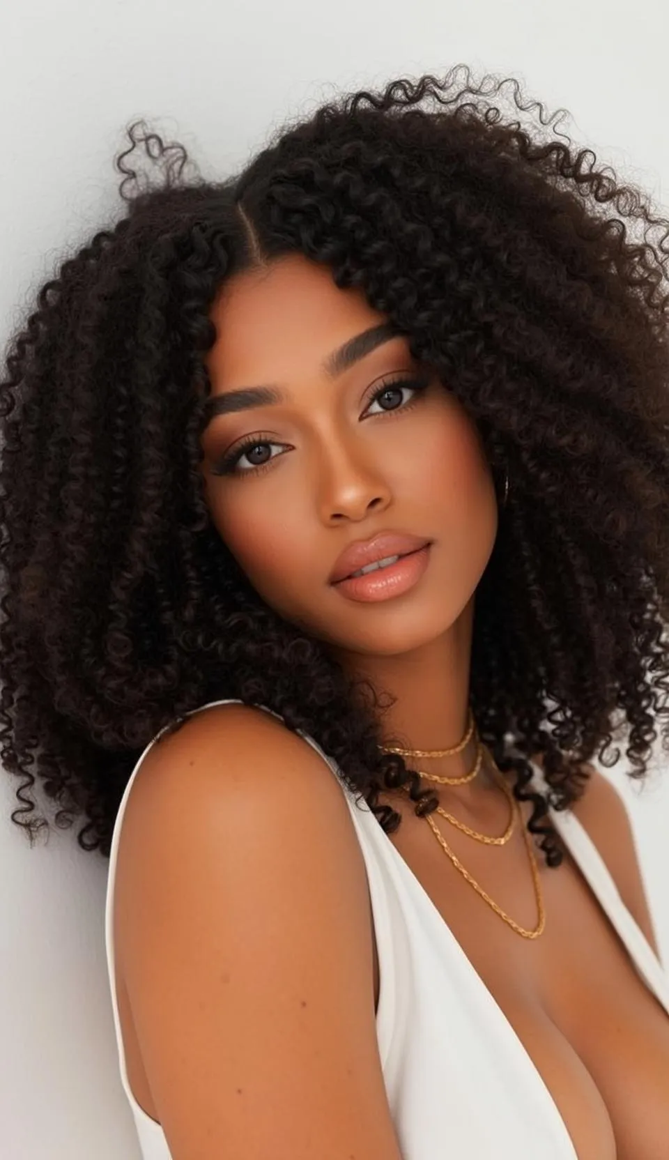 Curly Dark Hair White Top Gold Necklace