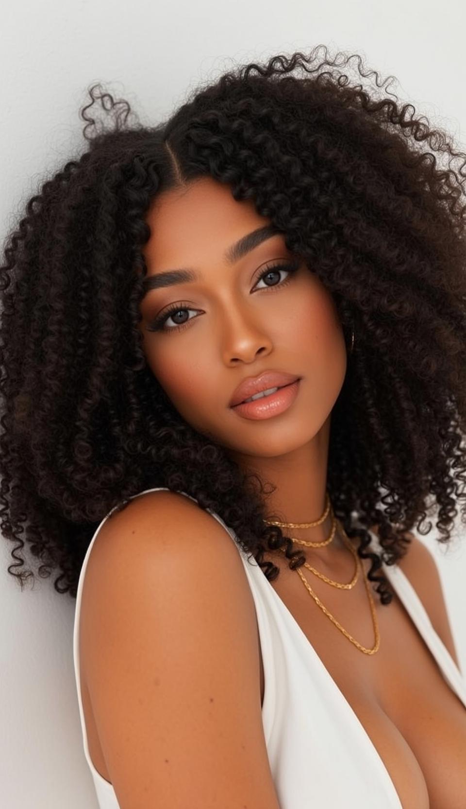 Curly Dark Hair White Top Gold Necklace
