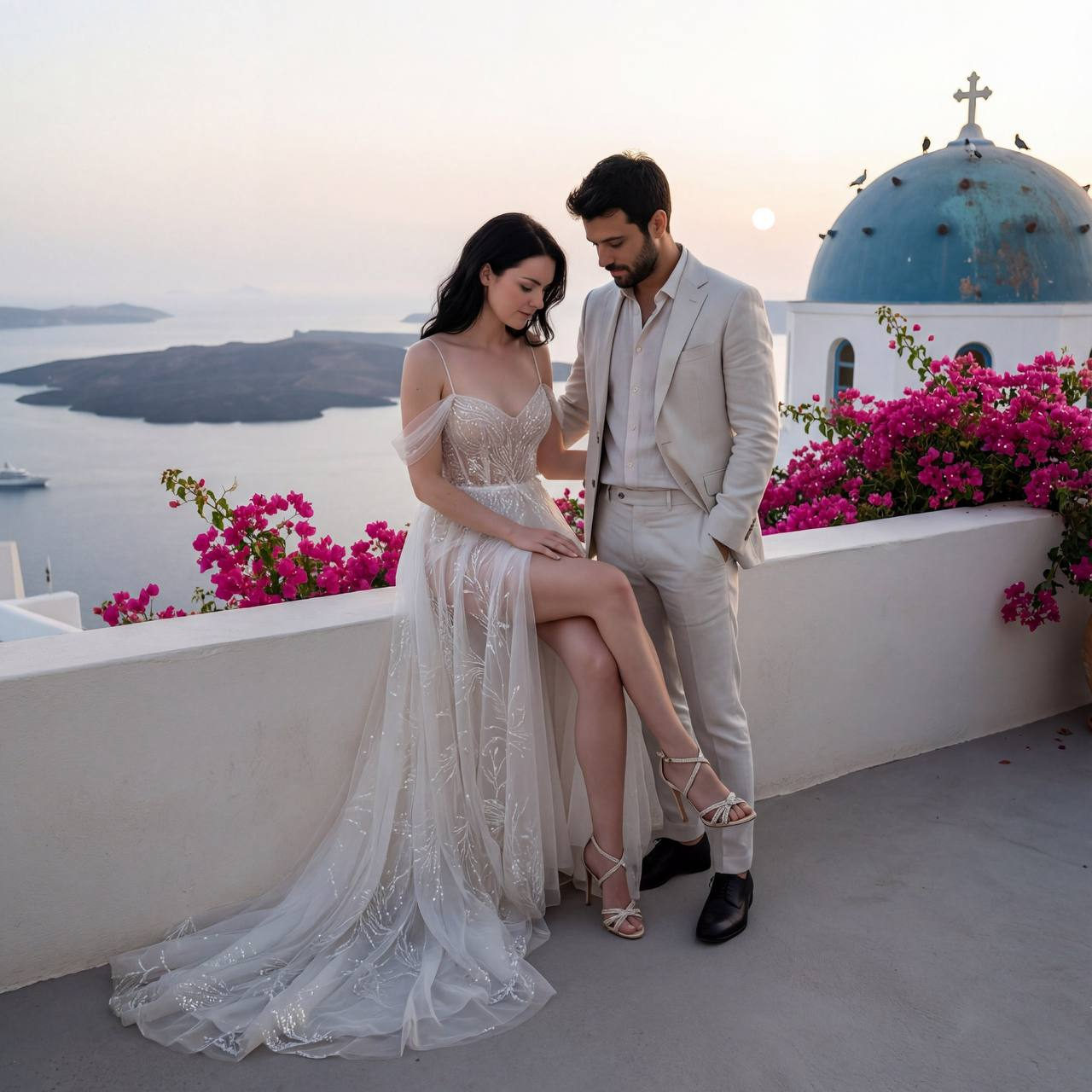 A romantic couple on an elegant terrace, wearing an airy dress and tailored suit, surrounded by pink flowers at sunset.