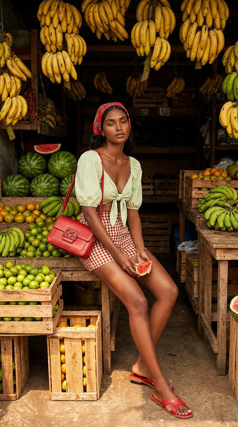 A person in a rustic fruit market holding a watermelon slice, wearing a red headscarf and light green crop top.