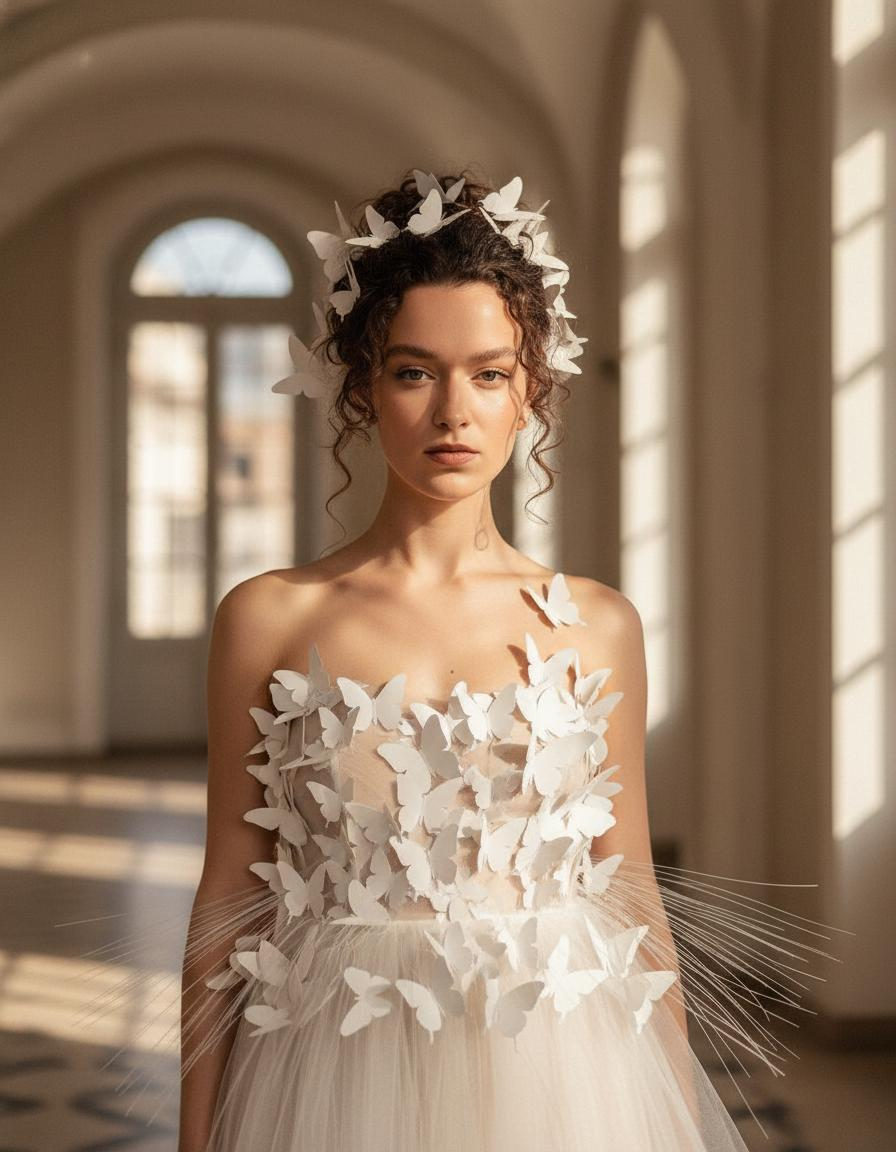 A muse-like woman in a semi-transparent white dress adorned with butterflies, standing in soft light with blurred architecture behind her.