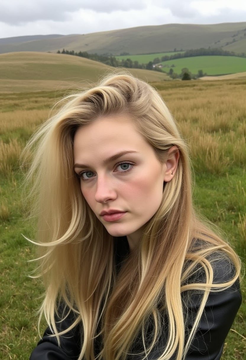 A woman with long, layered hair in a black leather jacket on grassy hills under a soft, overcast sky.