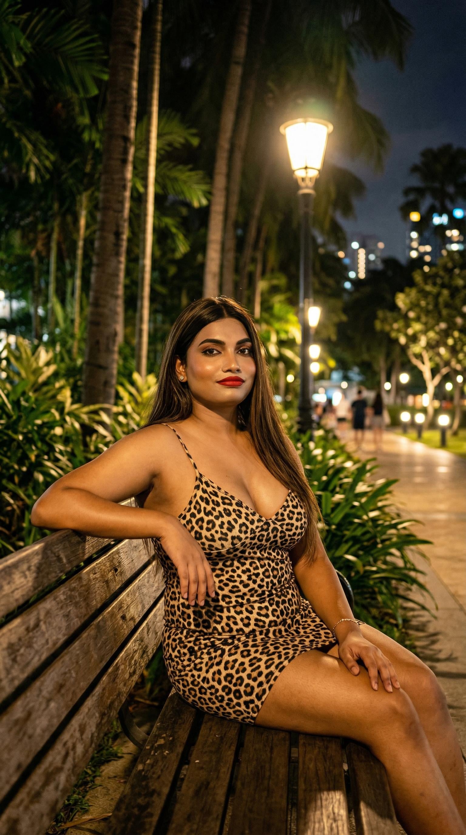 A woman in a leopard-print dress seated on a wooden park bench at night, surrounded by lush greenery and warm streetlights.
