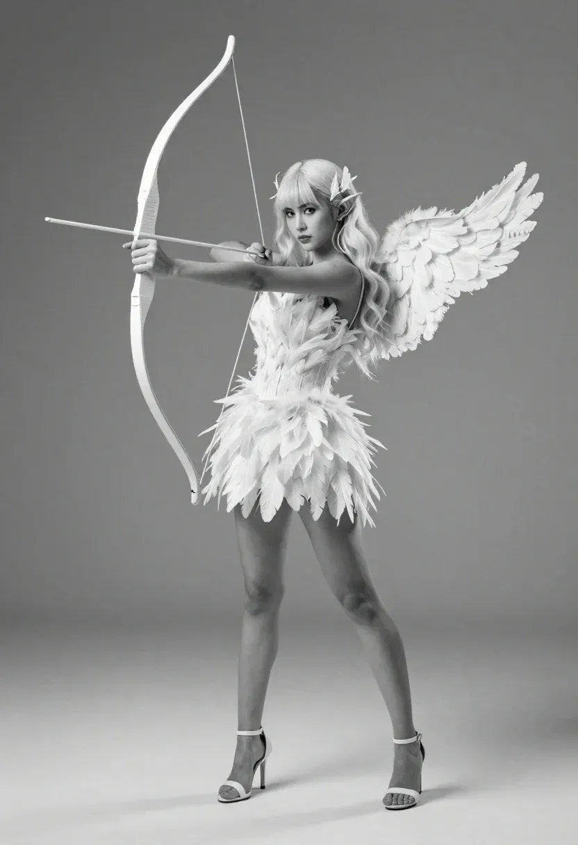 Full-body Studio Portrait Woman Dressed Angelic Archer Holding Bow And