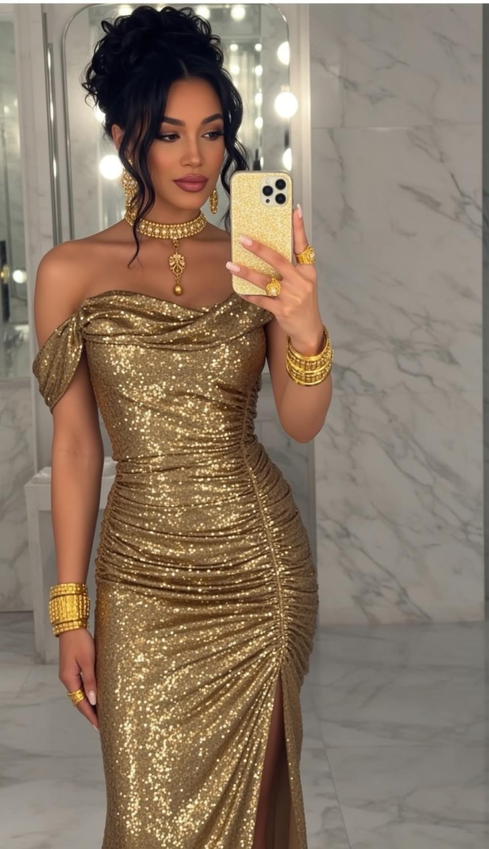 Explore Stands Facing Holding Gold-colored Smartphone Her
