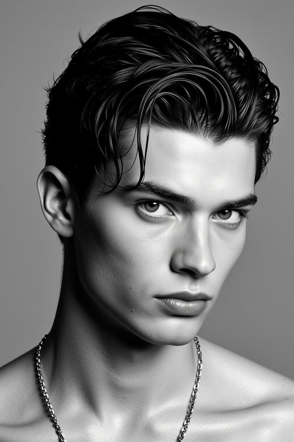 Photorealistic Black And White Medium Close-up Portrait Young Man With